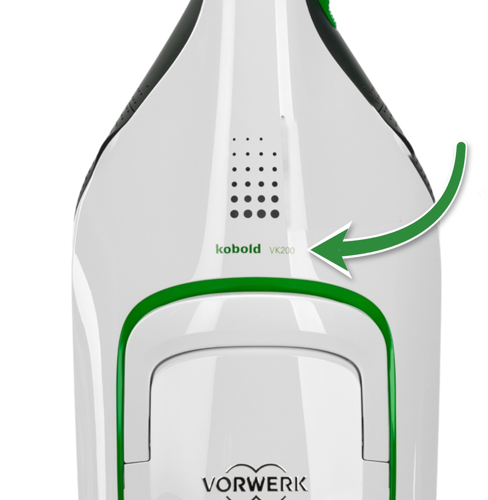 Kobold VK 200, ein Pfeil zeigt auf die Modellbezeichnung vorn am Gerät